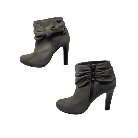 Vtg DKNY Vegan Faux Suede Gray Wynette Ankle Boots Sz 6 Heel Bow Booties - Picture 1 of 11